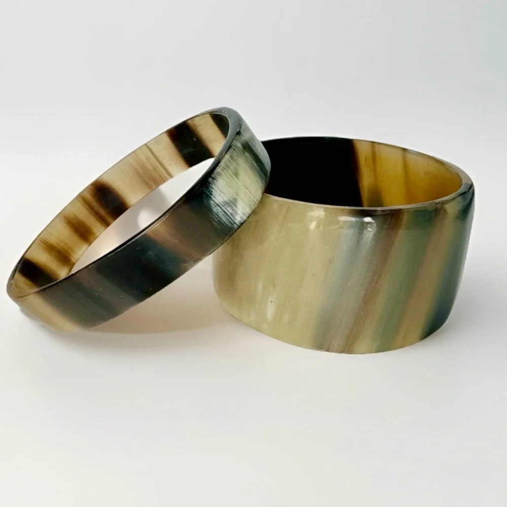 2 Vintage Natural Horn Bangle Handcrafted Bracelets, Brown Beige Black, Set